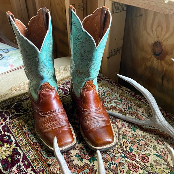 Ariat Mesquite Aquamarine Blue Cowboy Leather Roper Packer Boots Square Toe 7 - Picture 1 of 16